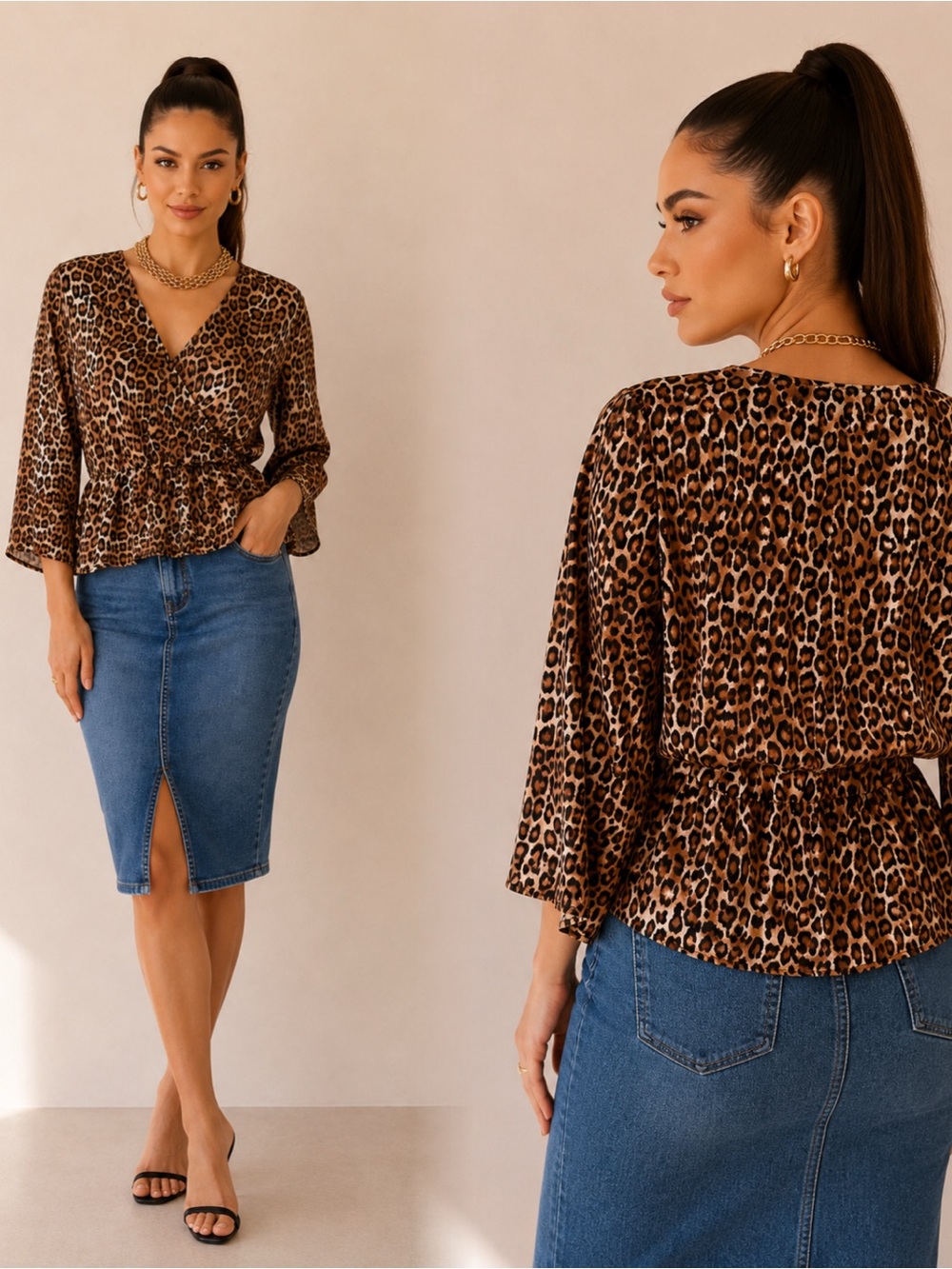 White House Black Market Leopard Print Wrap Peplum Blouse - Brown/Tan
